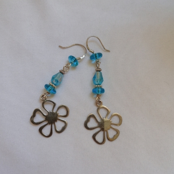 Elegant Silver and Blue Flower Earrings Dangle Plumeria Coastal Grandma Gift Fun - Picture 1 of 11